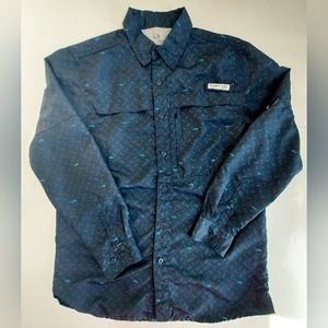Mens Sm Realtree Fishing LS Blue Geo Fish Print Quick Dry Button Down Shirt